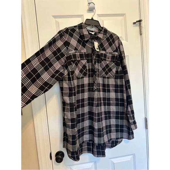 Plus Size 22/24 Black Plaid Button Front Tunic Shirt Longline Flannel - Picture 2 of 8